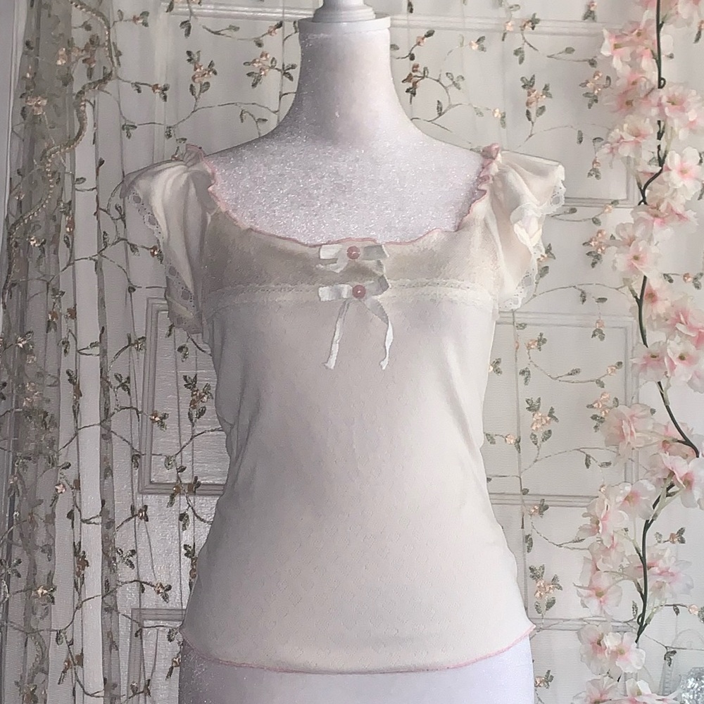 vintage coquette cream pointelle top size S
